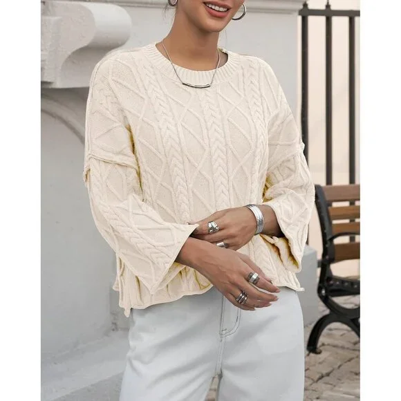 Women's Cable Knit Cropped Sweater Oversized Fall Long Sleeve Knit Top - Picture 3 of 5